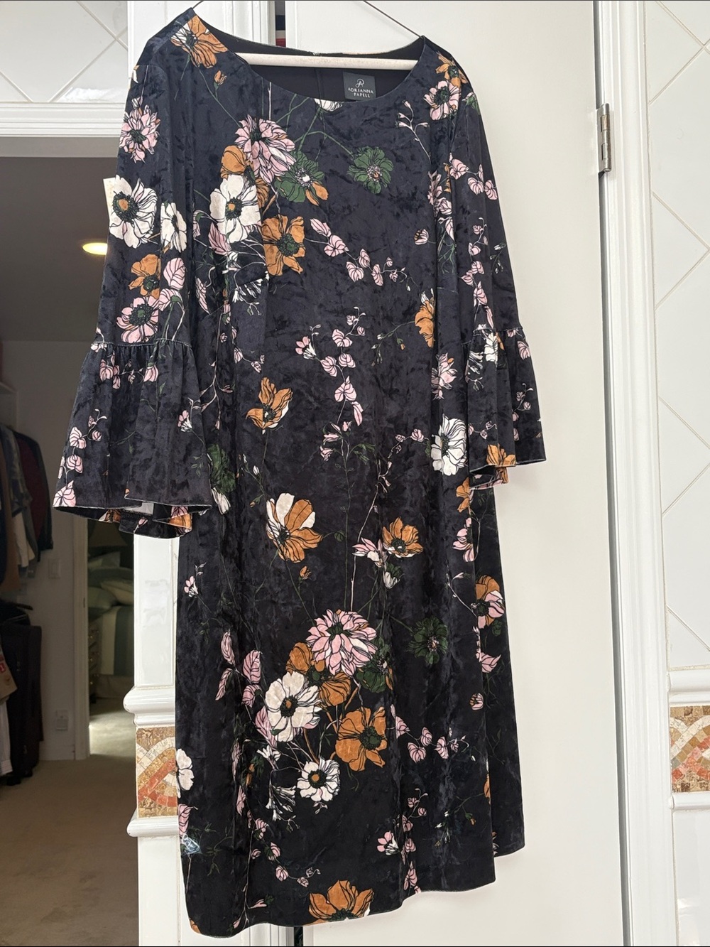 Adrianna Papell Black Velvet Floral Midi Dress with Bell Sleeves